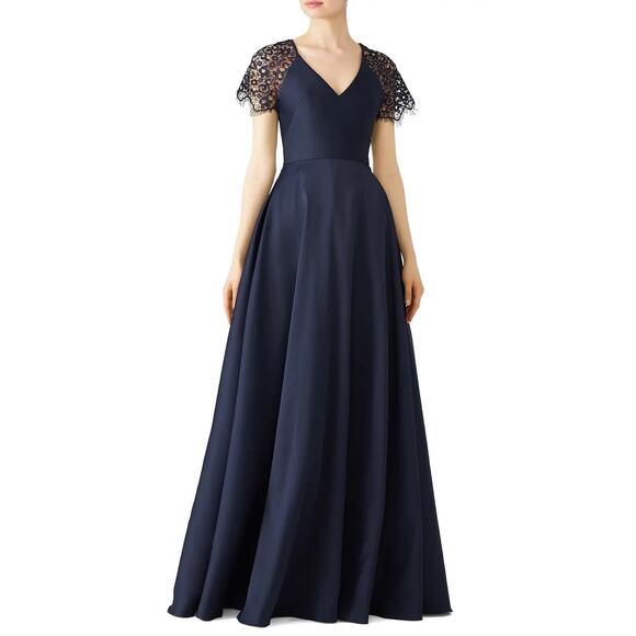 ML Monique Lhuillier Dresses & Skirts - Monique Lhuillier Navy Blue Lace Satin Short Sleeve A-Line V-Neck Ball Gown 4
